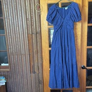 Never a Wallflower 95% COTTON Navy Puff-Sleeve Tiered Maxi Dress, Size XS